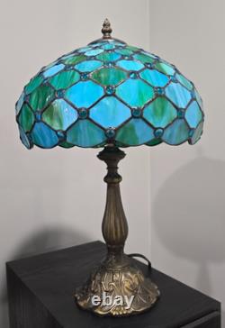 NEW Tiffany Style Table Lamp Blue Stained Glass, 12x12x19 In Antique Desk Light