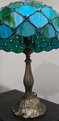 NEW Tiffany Style Table Lamp Blue Stained Glass, 12x12x19 In Antique Desk Light