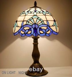 Navy Blue Baroque Style Stained Glass Table Lamp, Bedside Reading Light