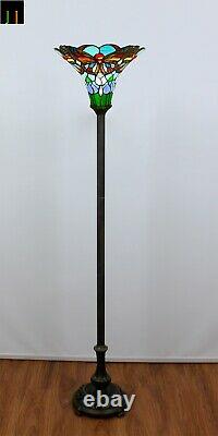 New JT Tiffany Stained Glass 14 Inch Shade Torchiere Butterfly Style Floor Lamp