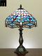 New Jt Tiffany Stained Glass Blue Dragonfly Style 12 Inch Bedside Table Lamp Art