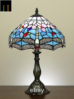 New JT Tiffany Stained Glass Blue Dragonfly Style 12 Inch Bedside Table Lamp Art