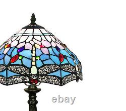 New JT Tiffany Stained Glass Blue Dragonfly Style 12 Inch Bedside Table Lamp Art
