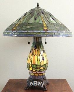 New Stained Glass Dragonfly Table Lamp With Lit Base Tiffany Glass Style 2013LB