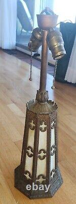 Nice Lighthouse Slag Stained Glass Reverse Painted Shade Lamp Base