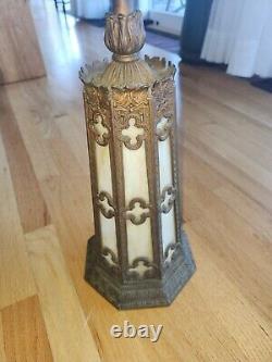 Nice Lighthouse Slag Stained Glass Reverse Painted Shade Lamp Base