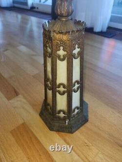 Nice Lighthouse Slag Stained Glass Reverse Painted Shade Lamp Base