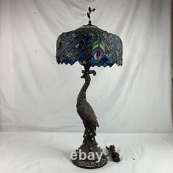 Nice Tiffany Style Peacock Base Stained Glass Table Lamp Blue Green Purple Bird