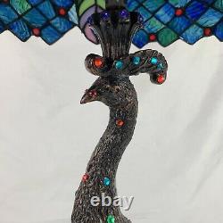 Nice Tiffany Style Peacock Base Stained Glass Table Lamp Blue Green Purple Bird