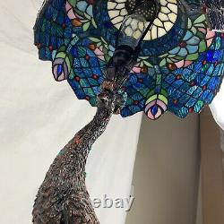 Nice Tiffany Style Peacock Base Stained Glass Table Lamp Blue Green Purple Bird