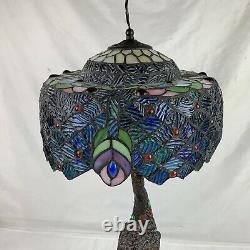 Nice Tiffany Style Peacock Base Stained Glass Table Lamp Blue Green Purple Bird