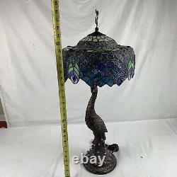 Nice Tiffany Style Peacock Base Stained Glass Table Lamp Blue Green Purple Bird