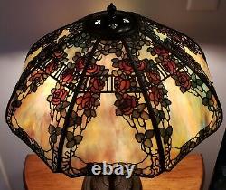 ORIGINAL Handel Red Rose Trellis Leaded Slag Stained Glass Overlay Table Lamp