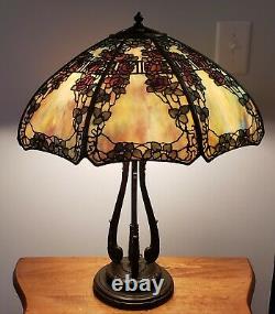 ORIGINAL Handel Red Rose Trellis Leaded Slag Stained Glass Overlay Table Lamp