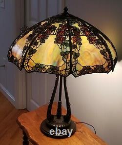 ORIGINAL Handel Red Rose Trellis Leaded Slag Stained Glass Overlay Table Lamp