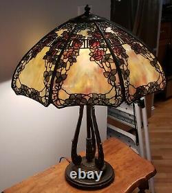 ORIGINAL Handel Red Rose Trellis Leaded Slag Stained Glass Overlay Table Lamp