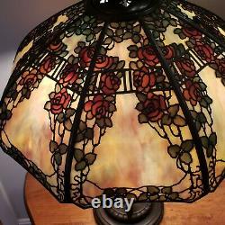 ORIGINAL Handel Red Rose Trellis Leaded Slag Stained Glass Overlay Table Lamp