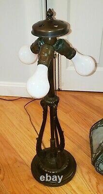 ORIGINAL Handel Red Rose Trellis Leaded Slag Stained Glass Overlay Table Lamp