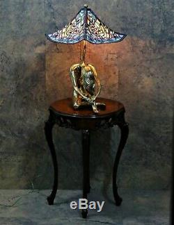 Old Tiffany Style Mosaic Shade Leaded Stained Glass Lamp Gold Brass Signed Base