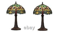 Pair Dragonfly Stained Glass Table Desk Lamps Tiffany Style with 12 Wide Shade