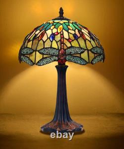 Pair Dragonfly Stained Glass Table Desk Lamps Tiffany Style with 12 Wide Shade