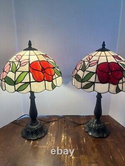 Pair Of Handcrafted Stained Glass Multi Colored Flowers 19 Table Lamps