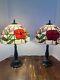 Pair Of Handcrafted Stained Glass Multi Colored Flowers 19 Table Lamps