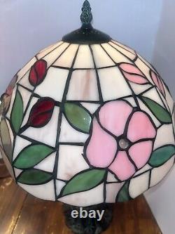 Pair Of Handcrafted Stained Glass Multi Colored Flowers 19 Table Lamps