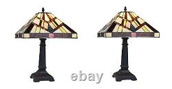 Pair Stained Glass Table Desk Lamps Tiffany Style with Mission Design 12 Shade