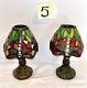 Pair Tiffany Dragonfly Candle Lamp Antique Vintage Stained Glass Multicolor