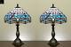 Pair Of 2 Jt Tiffany Blue Dragonfly Stained Glass Table Lamp Bedside Side