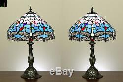 Pair of 2 JT Tiffany Blue Dragonfly Stained Glass Table Lamp Bedside Side