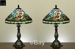 Pair of 2 JT Tiffany Red Flower Stained Glass Bedside Side Table Lamp