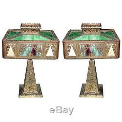 Pair of Antique Cast Bronze & Iron Table Lamps with Stained Glass Shades #5916