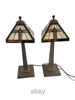 Pair of Handley Timeless Tiffany Stained Glass Lamps Brown Square Base and Shade