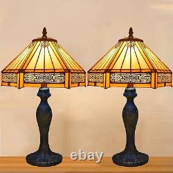 Pair of Yellow Hexagon Mission Style Tiffany Table/Desk Lamps D10H18 Bedside