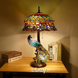 Peacock Tiffany Style Stained Glass Table Lamp, Vintage Handmade Decorative Desk