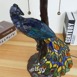 Peacock Tiffany Style Stained Glass Table Lamp, Vintage Handmade Decorative Desk