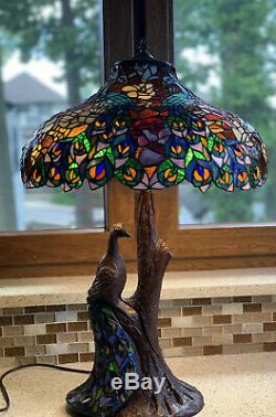 Peacock tiffany style table lamp double lit stained glass lamp