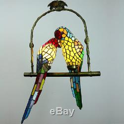 Pendant Hanging Lamp Glass 2 Parrots Stained Rural Ceiling Chandelier Light