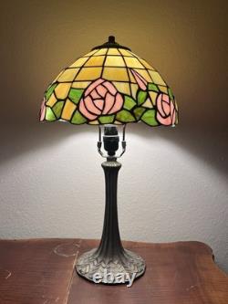 Pink Rose Tiffany Style Stained Glass Vintage Rare 2 Ft Tall Table Lamp Working