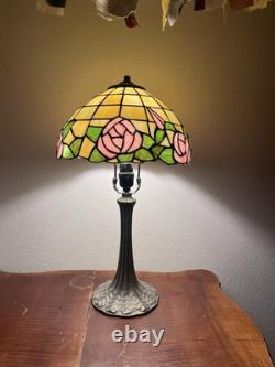 Pink Rose Tiffany Style Stained Glass Vintage Rare 2 Ft Tall Table Lamp Working