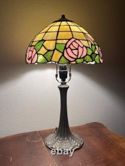 Pink Rose Tiffany Style Stained Glass Vintage Rare 2 Ft Tall Table Lamp Working
