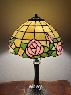 Pink Rose Tiffany Style Stained Glass Vintage Rare 2 Ft Tall Table Lamp Working