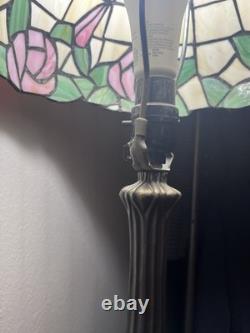 Pink Rose Tiffany Style Stained Glass Vintage Rare 2 Ft Tall Table Lamp Working
