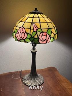 Pink Rose Tiffany Style Stained Glass Vintage Rare 2 Ft Tall Table Lamp Working