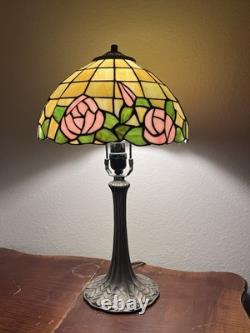 Pink Rose Tiffany Style Stained Glass Vintage Rare 2 Ft Tall Table Lamp Working