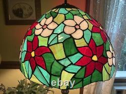 Poinsettia Stained Glass Tiffany Lamp 24 Cast Iron Dual Socket Pull Chain Base