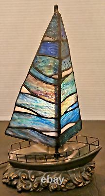 Quoizel 13 Stained Glass Sculptured Bronze Sailboat Tiffany Style Lamp Light