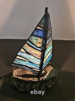 Quoizel 13 Stained Glass Sculptured Bronze Sailboat Tiffany Style Lamp Light